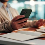 o que é ETF - mãos de homem de negócios olhando o celular com caderno aberto sobre a mesa