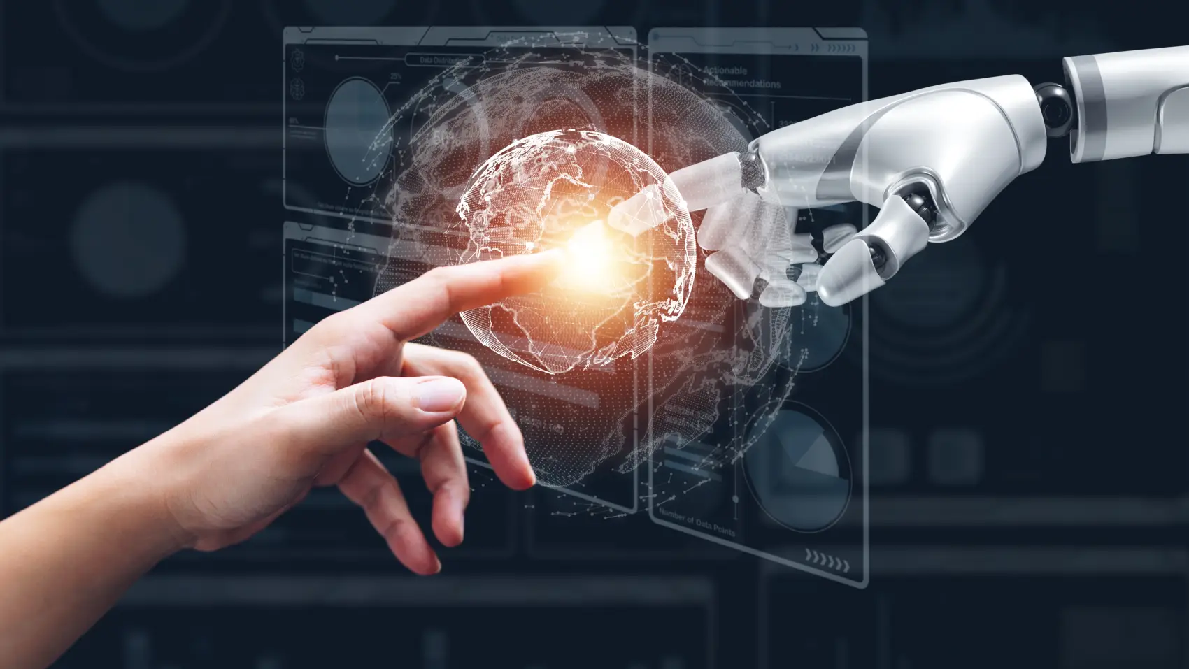 profissoes-do-futuro Mão humana e mão robótica tocam sobre globo digital brilhante com interface de dados. Conceito de colaboração de IA humana, integração de tecnologia, conectividade global, inovação futura e transformação digital