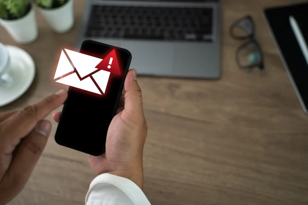 malware herodotus - homem usando smartphone com alerta de aviso, spam de SMS, hack de e-mail, phishing de mensagem de texto falso