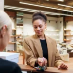 como-pagar-com-smartwatch mulher usando o relógio para pagar na maquininha. pagamento com smartwatch