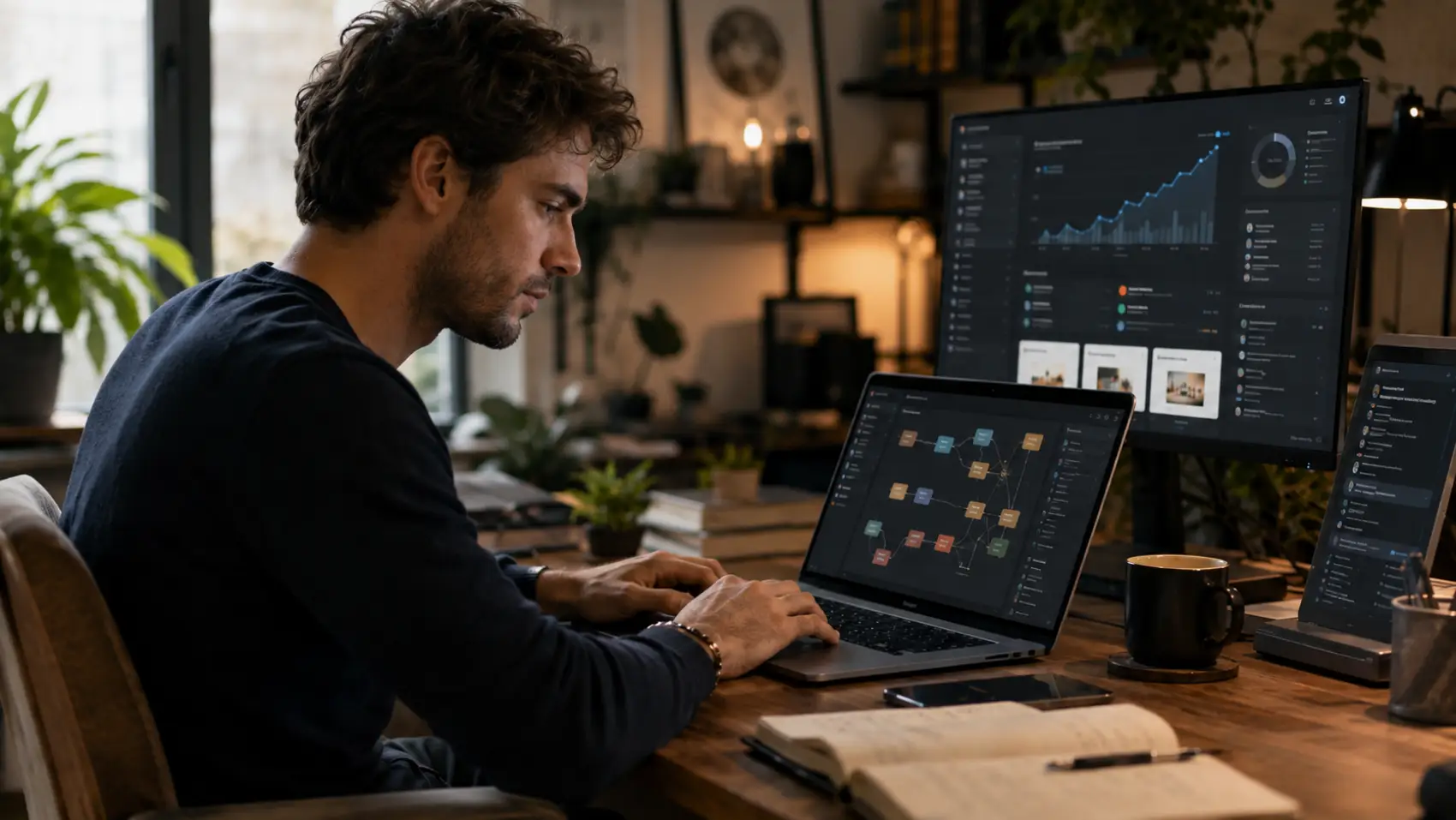 como-ganhar-dinheiro-com-ia Profissional usando inteligência artificial para criar automações e novas fontes de renda, representando formas de ganhar dinheiro com IA. Imagem gerada por inteligência artificial.