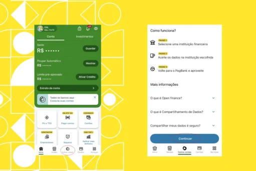 Transferências inteligentes - imagem com fundo amarelo mostrando duas capturas de tela do app PagBank, mostrando onde as pessoas devem clicar para aderir ao Open Finance
