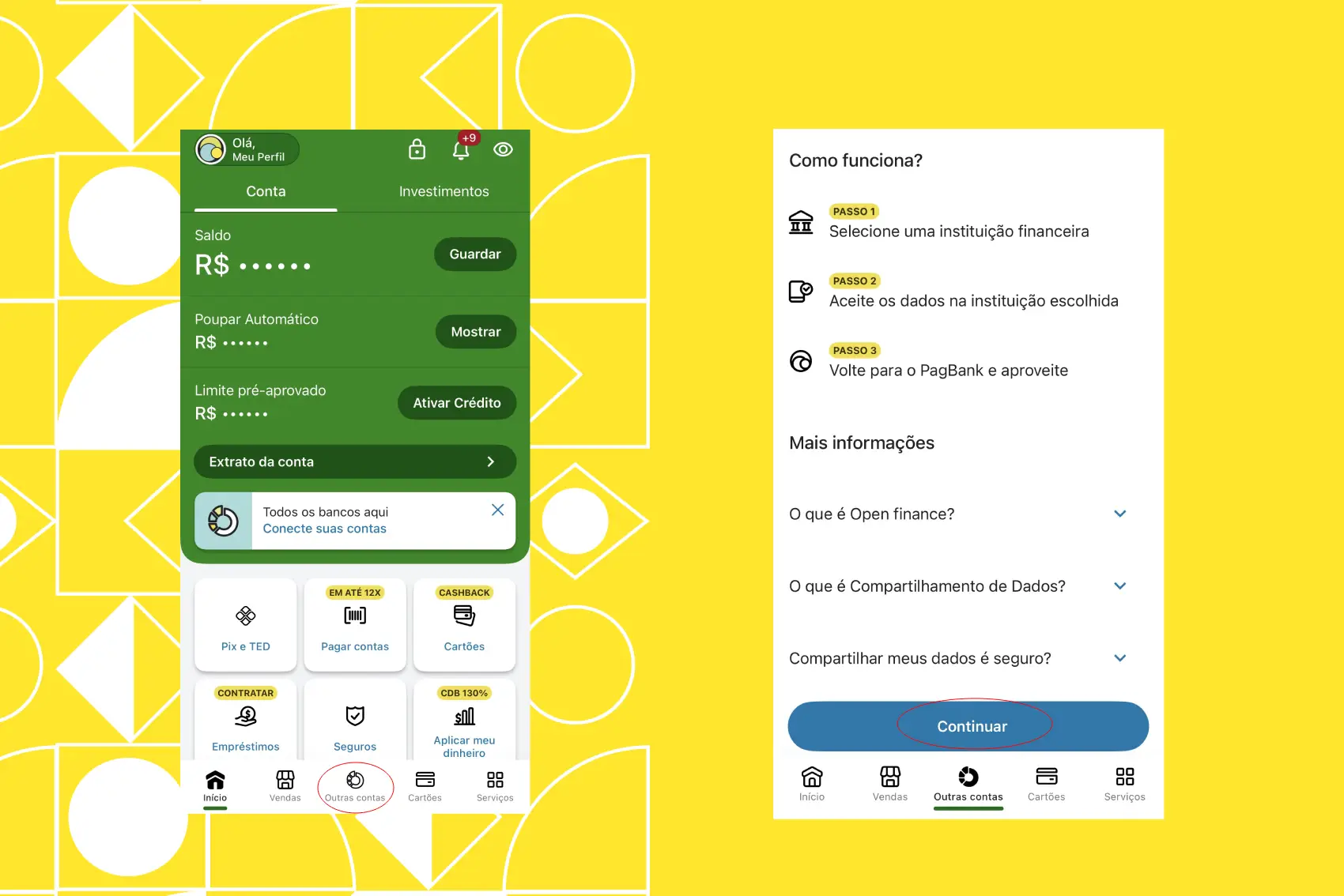 Transferências inteligentes - imagem com fundo amarelo mostrando duas capturas de tela do app PagBank, mostrando onde as pessoas devem clicar para aderir ao Open Finance